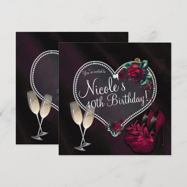 Diamonds Pearls Dark Heart High Heels Birthday Invitation (Front/Back)