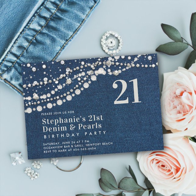 Diamonds Pearls Denim Elegant Classy 21st Birthday Invitation (denim diamonds pearls 21 twenty-first birthday party invitation modern contemporary classy elegant)