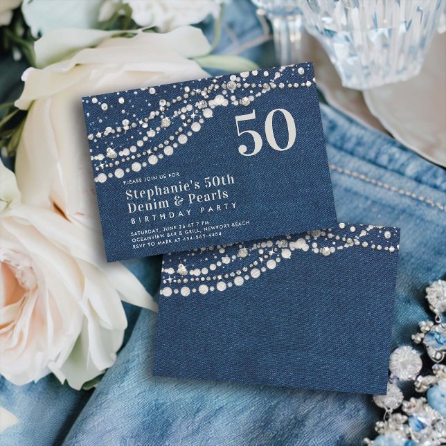 Diamonds Pearls Denim Elegant Classy 50th Birthday Invitation (diamonds and pearls denim 50th birthday party invitation women elegant classy country western bling )