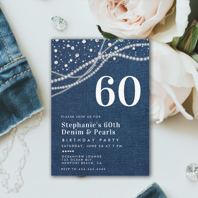 Diamonds Pearls Denim Elegant Classy 60th Birthday Invitation (denim and diamonds pearls 60th birthday invitation women elegant classy modern chic)