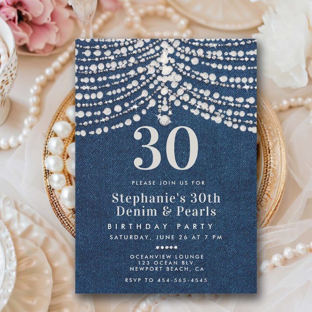 Diamonds Pearls Denim Glitz Glam 30th Birthday Invitation (diamonds pearls glitz glam 30th birthday invitation for women denim bling party elegant classy chic)