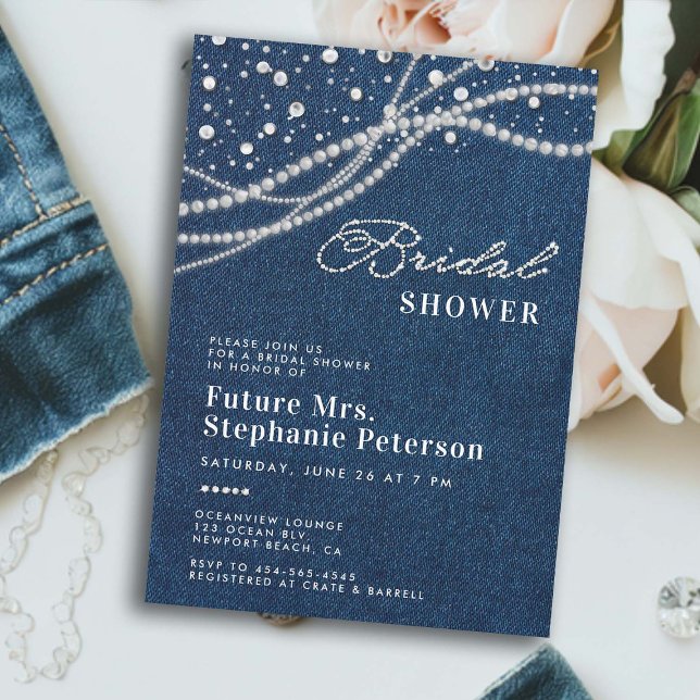 Diamonds Pearls Elegant Romance Mrs. Bridal Shower Invitation (denim diamonds pearls bridal shower invitation elegant classy rustic feminine romantic western chic)