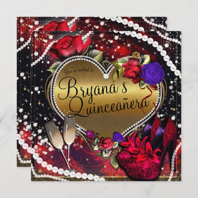 Diamonds Pearls Heart High Heels Quinceañera Invitation (Front/Back)