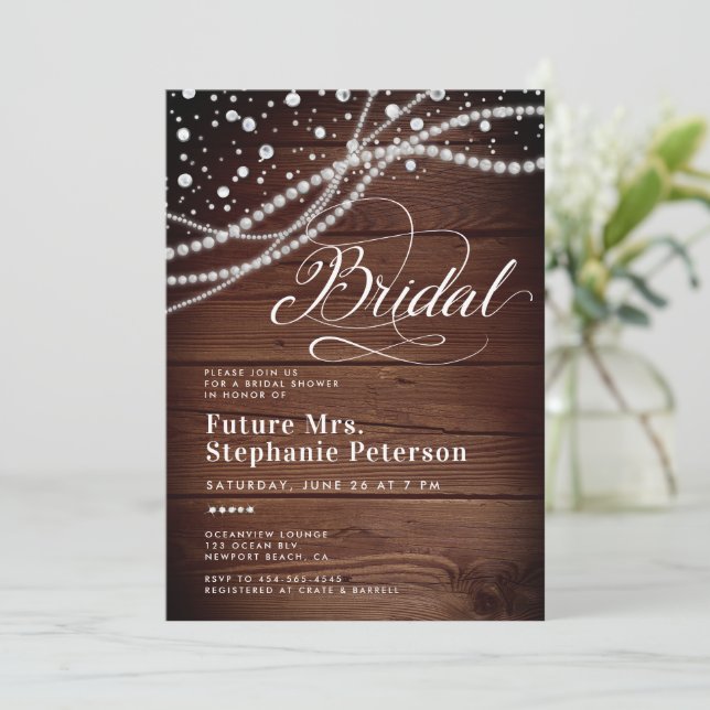 Diamonds Pearls Rustic Wood Chic Mrs Bridal Shower Invitation (Standing Front)
