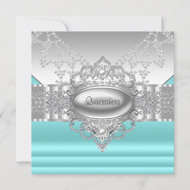 Diamonds Pearls Teal Blue Quinceanera Invitations (Front)