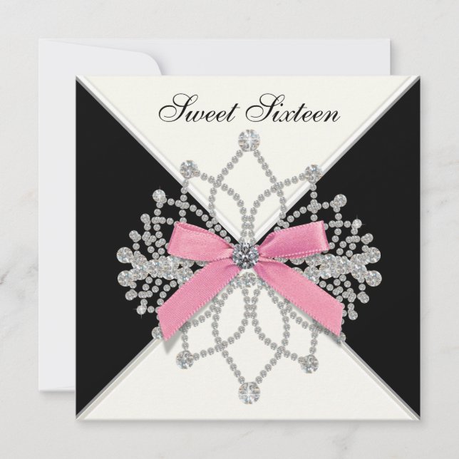 Diamonds Pink Black Sweet Sixteen Birthday Party Invitation (Front)