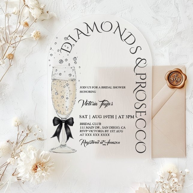 Diamonds & Prosecco Elegant Bow Bridal Shower Acrylic Invitations (Creator Uploaded)