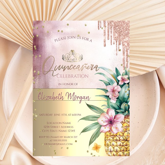 Diamonds,Rose Gold Glitter Drips,Pineapple Invitation (Creator Uploaded)