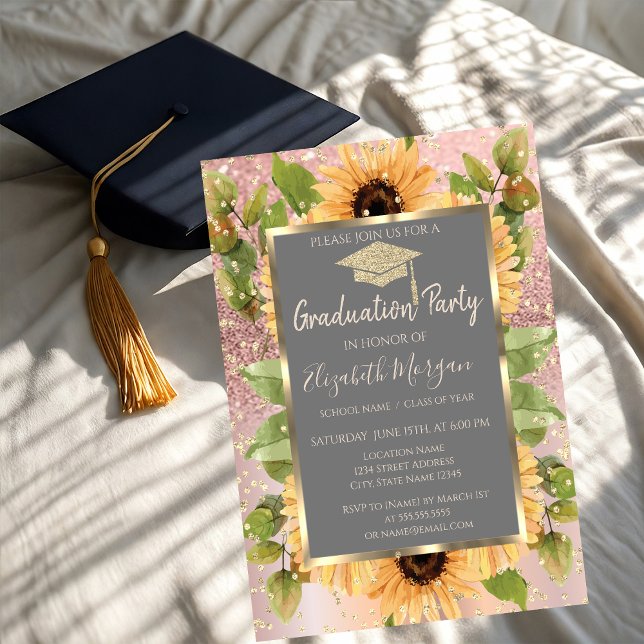 Diamonds Rose Gold Glitter Sunflowers  Graduation Invitation (Creator Uploaded)