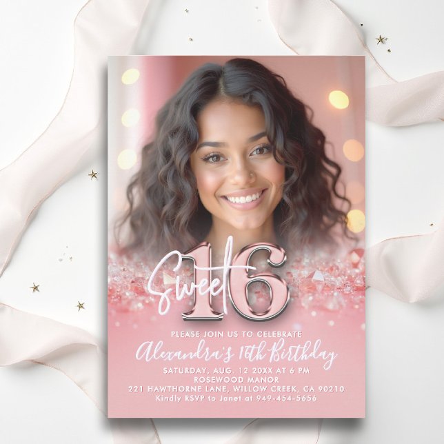 Diamonds Rose Gold Modern Chic Photo Sweet 16 Invitation (sweet sixteen invitation 16th birthday diamonds rose gold blush pink photo template fashion teenager)