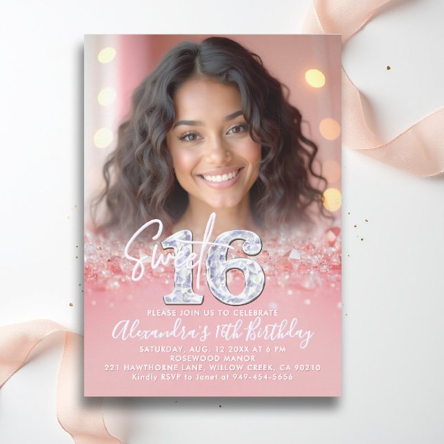 Diamonds Rose Gold Sparkles Chic Photo Sweet 16 Invitation (sweet sixteen invitation 16th birthday diamonds rose gold blush pink photo template fashion teen)