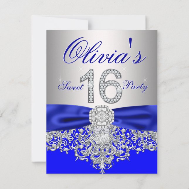 Diamonds Royal Blue and Silver Sweet 16 Party Invitation (Front)