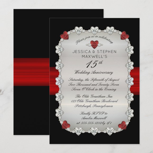 Diamonds Rubies Red 15th Wedding Anniversary Invitation (Front/Back)