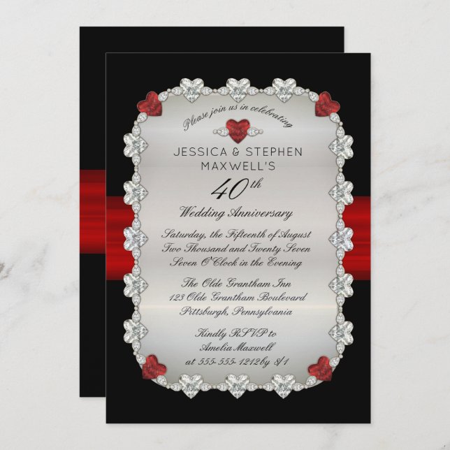 Diamonds Rubies Red 40th Wedding Anniversary Invitation (Front/Back)