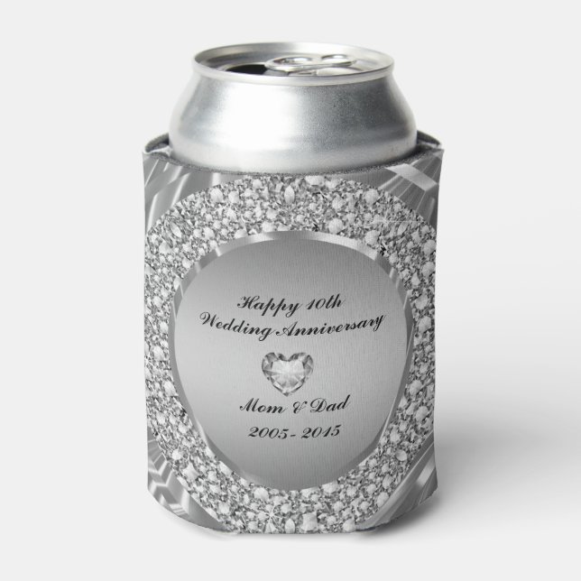 Diamonds & Silver 10th Wedding Anniversary Can Cooler (Can Front)