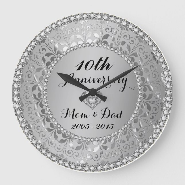 Diamonds & Silver 10th Wedding Anniversary Large Clock (Front)