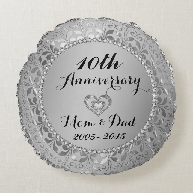 Diamonds & Silver 10th Wedding Anniversary Round Cushion (Front)