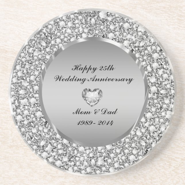 Diamonds & Silver 25th Wedding Anniversary Coaster (Front)