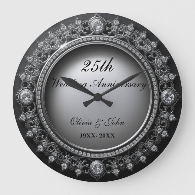 Diamonds & Silver 25th Wedding Anniversary gift Large Clock (Front)