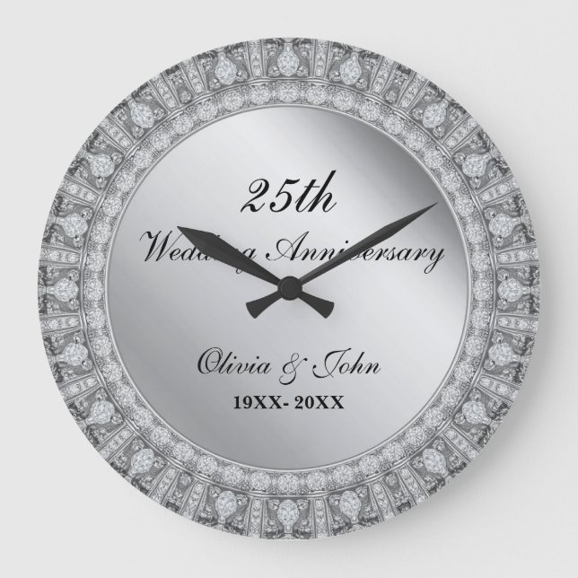 Diamonds & Silver 25th Wedding Anniversary gift Large Clock (Front)