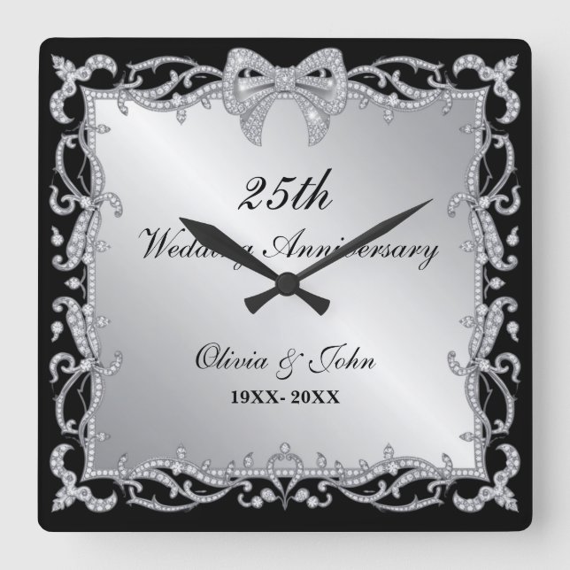 Diamonds & Silver 25th Wedding Anniversary gift Square Wall Clock (Front)