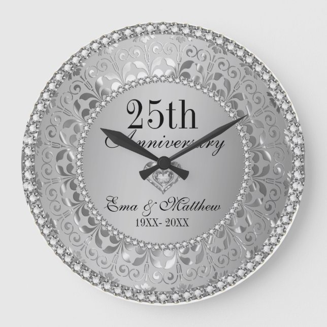 Diamonds & Silver 25th Wedding Anniversary Large Clock (Front)