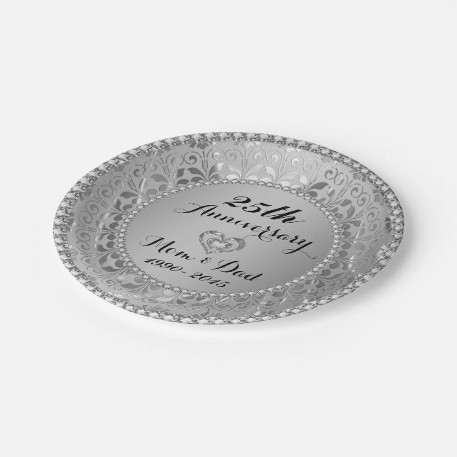 Diamonds & Silver 25th Wedding Anniversary Paper Plate (Angled)