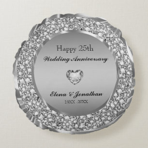 Diamonds & Silver 25th Wedding Anniversary Round Cushion