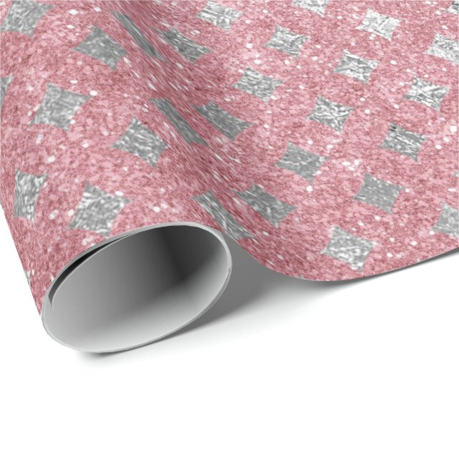 Diamonds Silver Pink Rose Gold Glitter Wrapping Paper (Roll Corner)