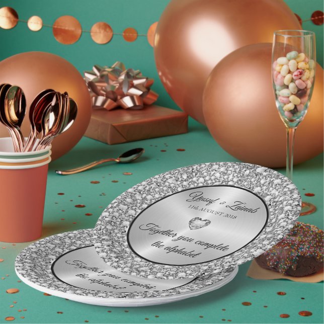 Diamonds & Silver Wedding Gift Large Clock Paper Plate (Multi)