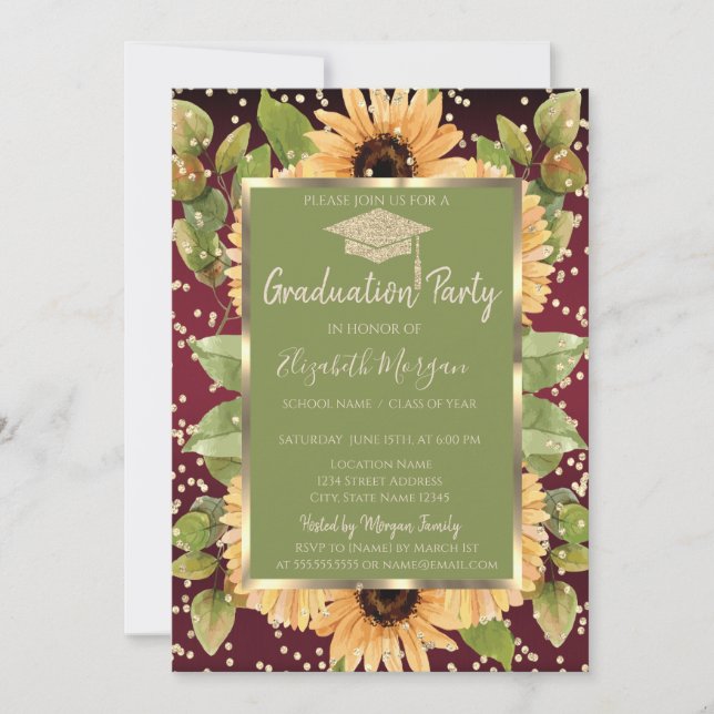 Diamonds Sunflowers Red Graduation Invitation (Front)