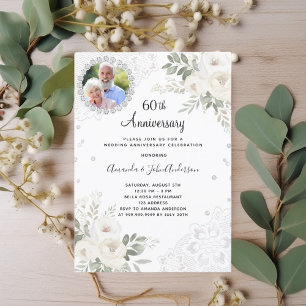 Diamonds white florals 60th wedding anniversary invitation