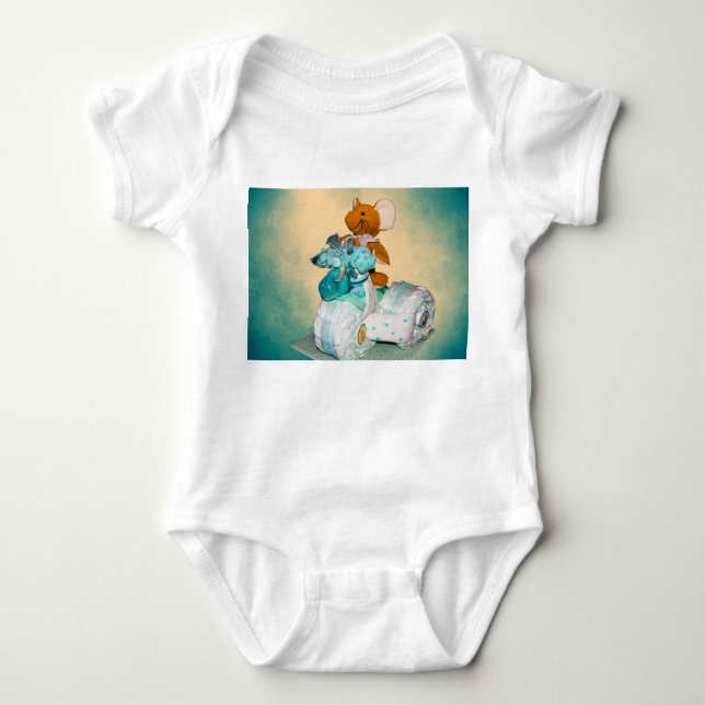 Diaper cake A diaper cake Tricycle with blue ribbo Baby Bodysuit (Front)