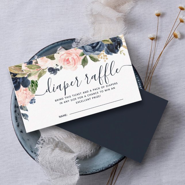 Diaper Raffle Baby Shower Pink Navy Blue Floral Enclosure Card (A diaper raffle is in addition to a gift, guests bring a pack of diapers to enter to win a prize.)