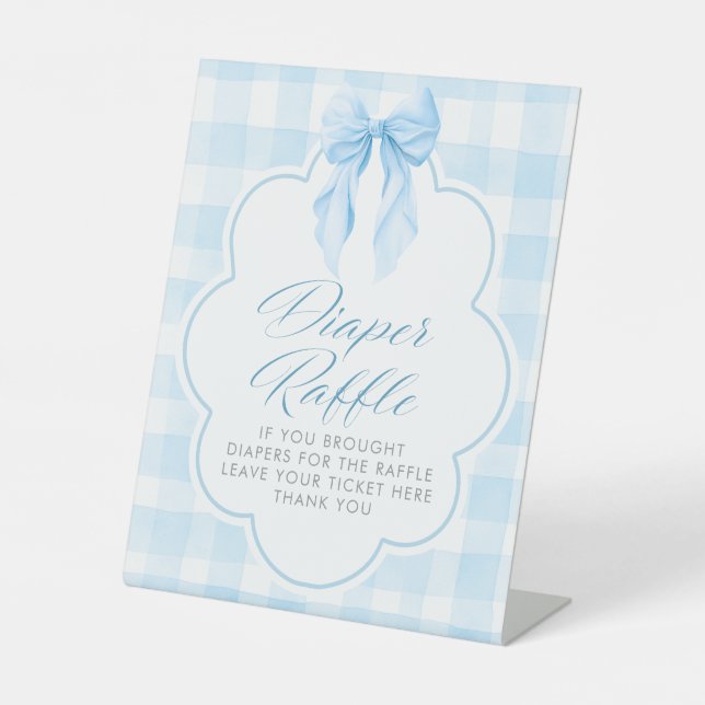 Diaper Raffle Blue Bow Baby Shower Table Sign (Front)