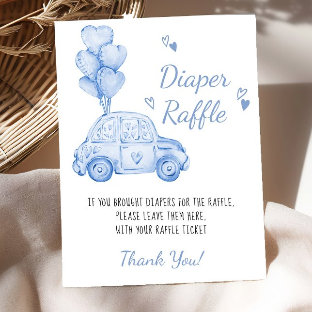 Diaper Raffle Blue Car Balloons Baby Shower Game Poster (Diaper raffle baby shower game poster - available printed or digital - by Darling & May)