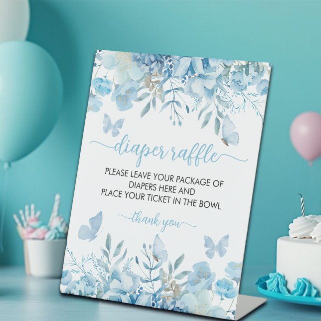 Diaper Raffle Blue Floral Baby Shower  Pedestal Sign (Creator Uploaded)