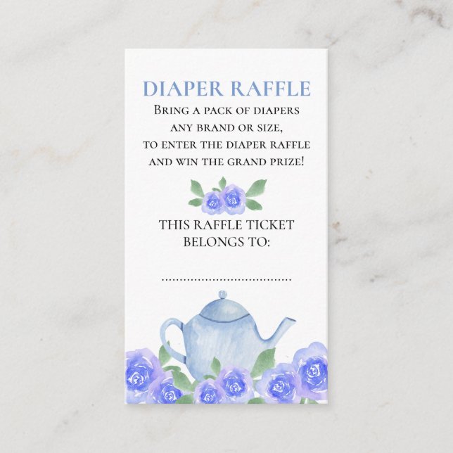 Diaper Raffle Blue Floral Teapot Baby Shower Enclosure Card (Front)