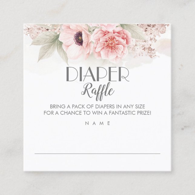 Diaper Raffle Blush Pink Floral Baby Shower Square Business Card (Front)