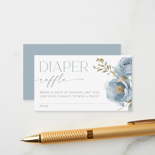 Diaper raffle boho dusty blue floral roses  enclosure card (Front/Back In Situ)