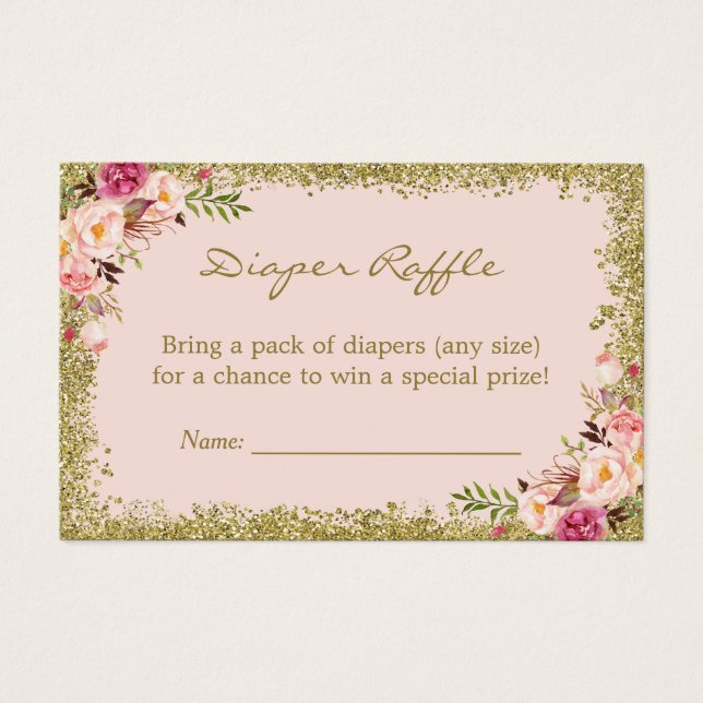 Diaper Raffle Card Blush Pink Gold Glitter Floral (Front)