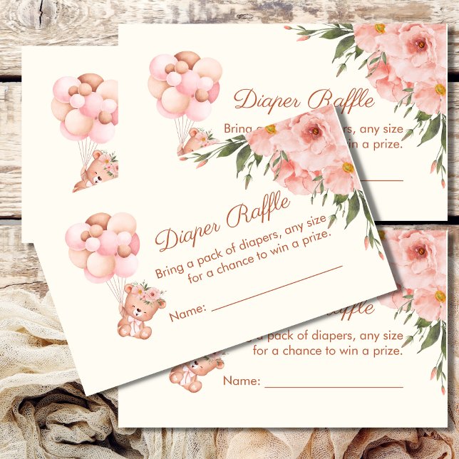 Diaper Raffle Card Cute Bear Balloon Pink Flower (Creator Uploaded)