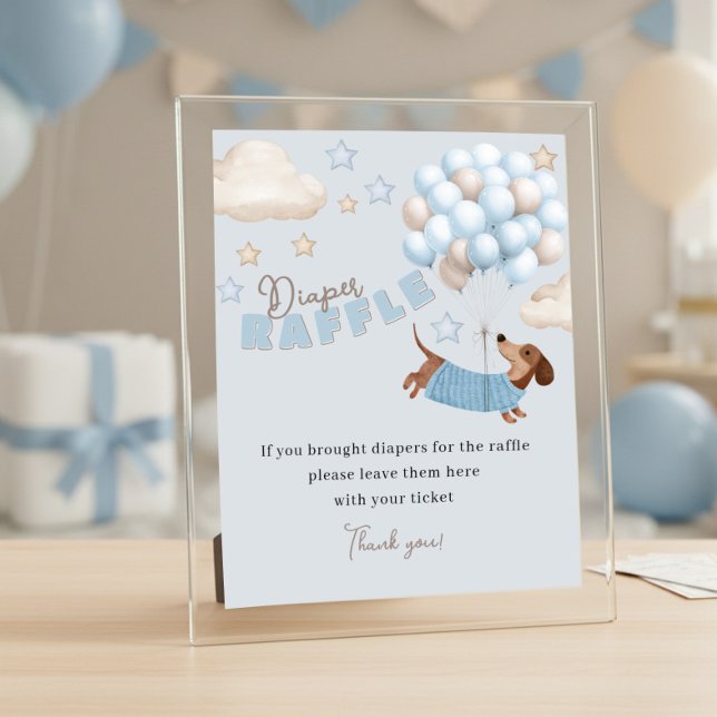 Diaper Raffle Dachshund Blue Baby Shower Game Poster (Baby Shower Diaper Raffle Sign. Dachshund and balloons design in blue and beige)