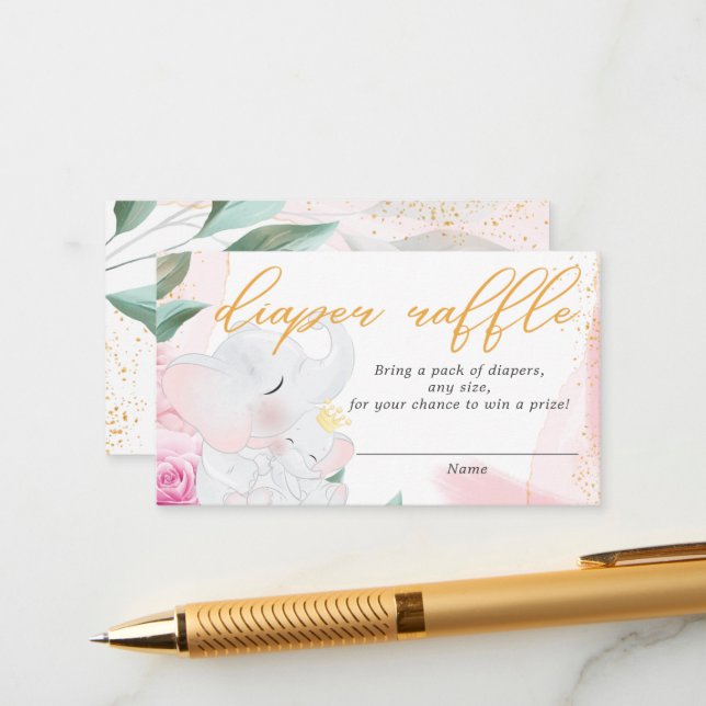 Diaper raffle Elephant girl baby shower  Enclosure Card (Front/Back In Situ)