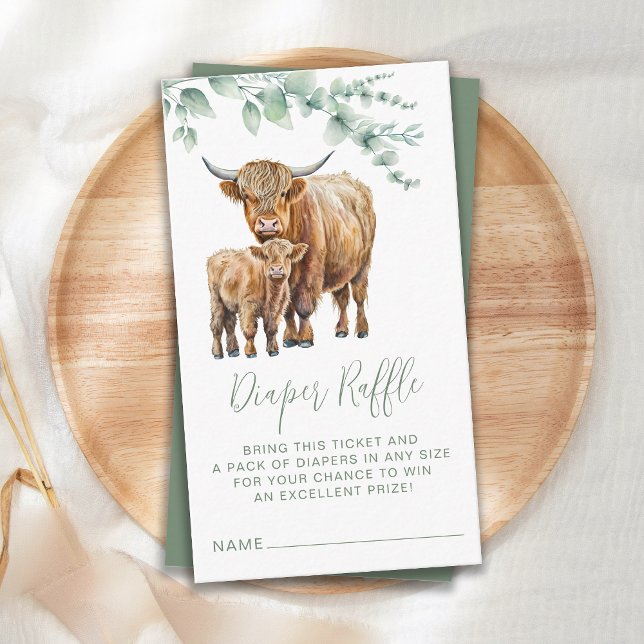 Diaper Raffle Highland Cow Greenery Baby Shower Enclosure Card (Creator Uploaded)