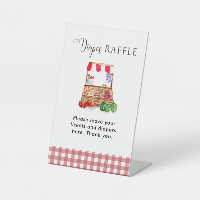 Diaper Raffle Locally Grown Baby Shower Gingham Pedestal Sign (Front)