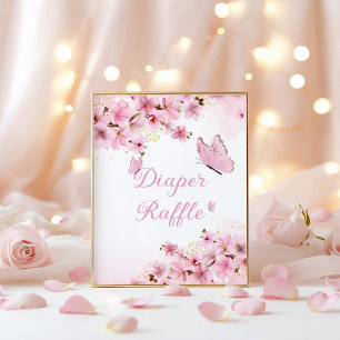 Diaper Raffle pink Butterfly baby shower Poster
