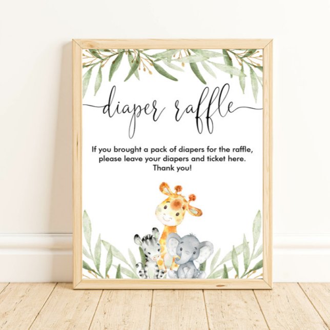 Diaper raffle sign cute safari animals greenery (Creator Uploaded)