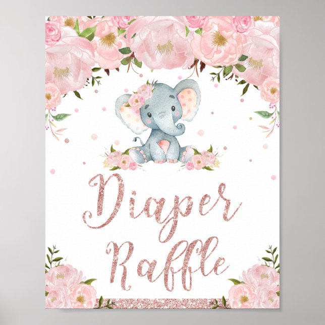 Diaper Raffle Sign Floral Elephant Baby Shower (Front)