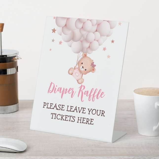 Diaper Raffle Sign Girl Bear Baby Shower (In SItu)